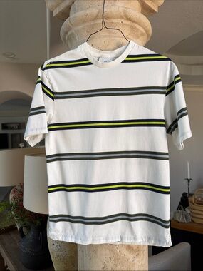 H&M White Short-Sleeve Tee with Olive and Neon Yellow Stripes Sz XS